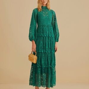 Dark Green Guipure Long Sleeve Maxi Dress XL